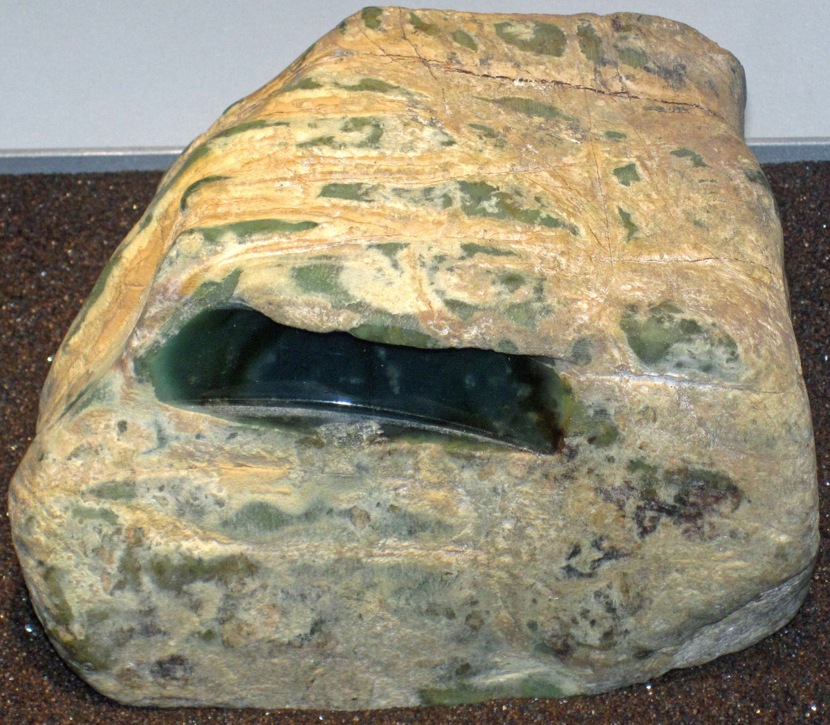 Burmese Imperial Jadeite rough with a polished window revealing deep green material