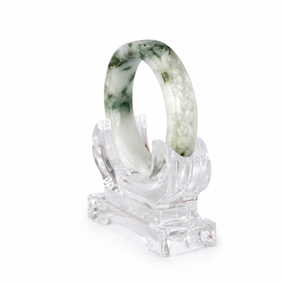 Hand-Carved Moss-in-Snow Jadeite Bangle, view 3