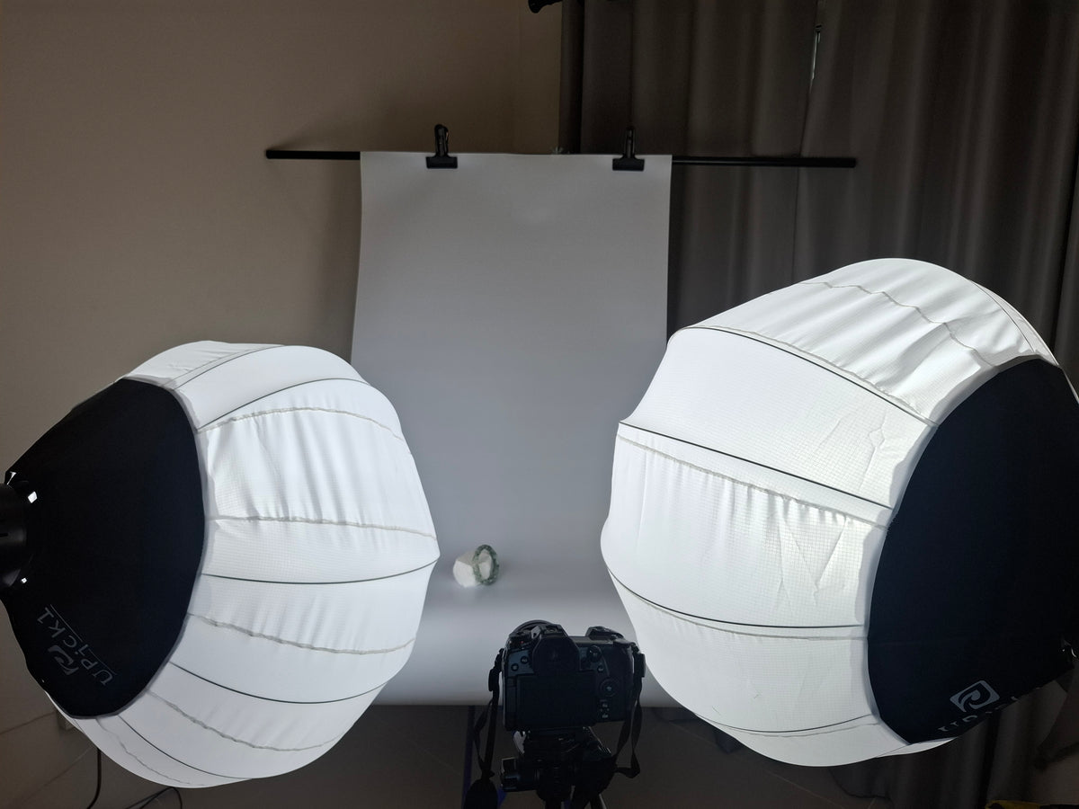 Mandalay Jade photography setup in Chiang Mai with studio lights, camera, backdrop, and a jade bangle