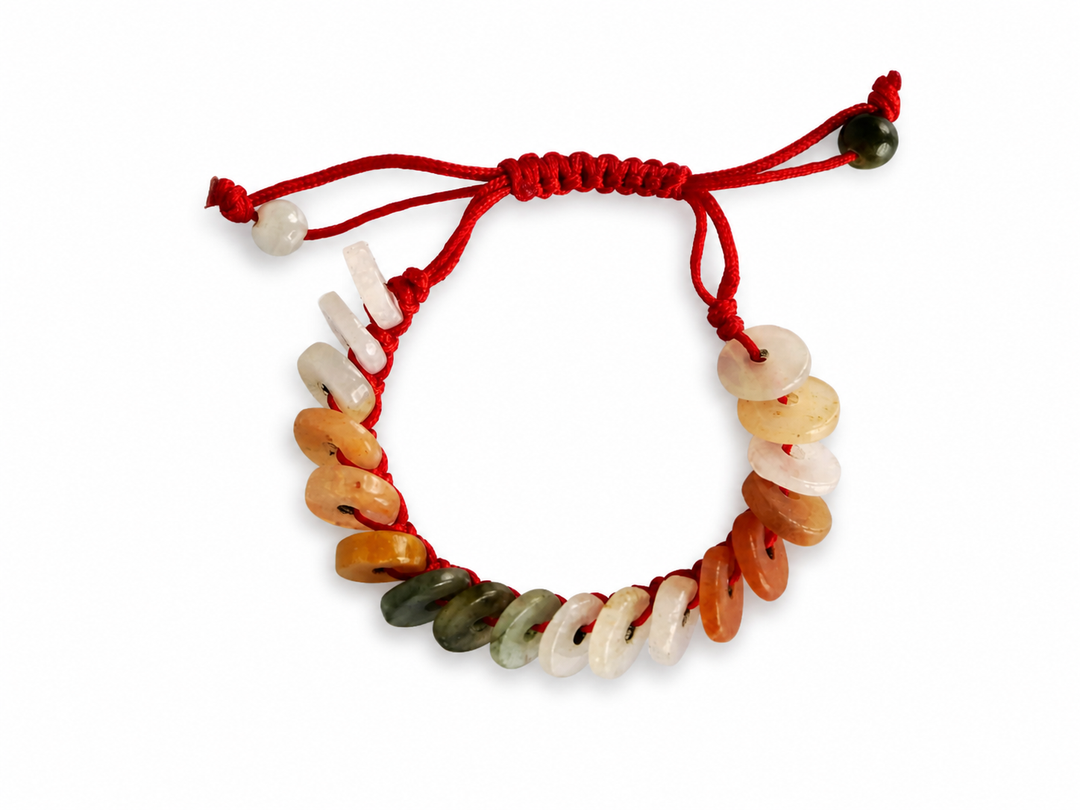 Multicolor natural Type A Burmese Jadeite coin-bead adjustable bracelet on white
