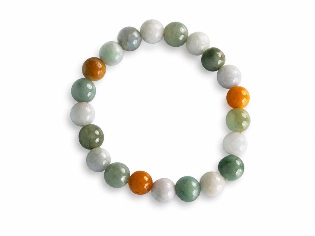 Multicolor natural Type A Burmese Jadeite round-bead stretch bracelet on white
