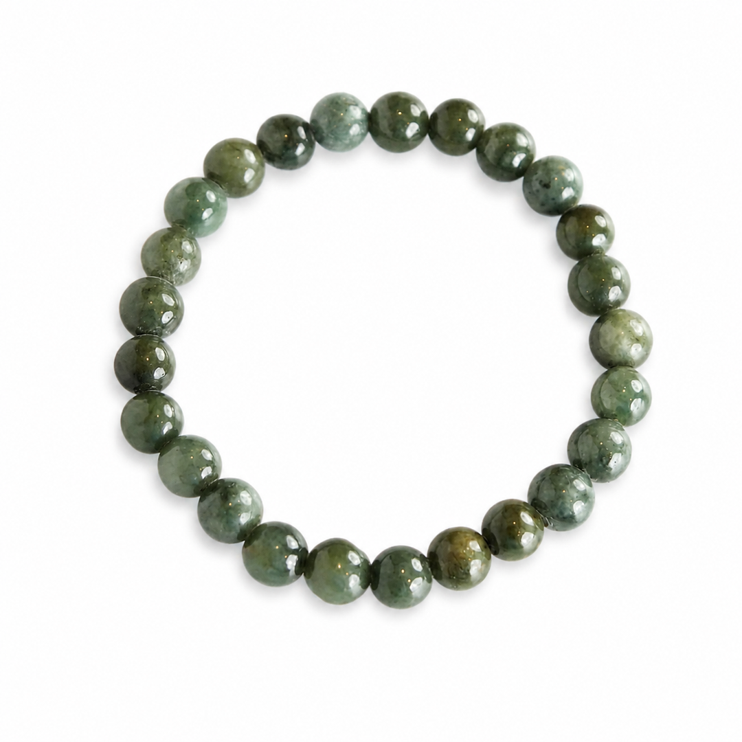 Dark green 8 mm natural Type A Jadeite bead stretch bracelet, overhead view 